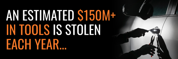 Click here for a warning graphic stating that an estimated $150 million in tools is stolen each year, beside a vehicle break-in scene.