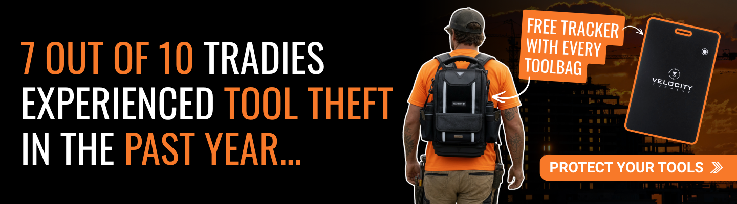 Click here for a tool-theft awareness graphic stating that 7 out of 10 tradies experienced tool theft in the past year, featuring a tradesperson wearing a tool backpack and a free tracker offer.