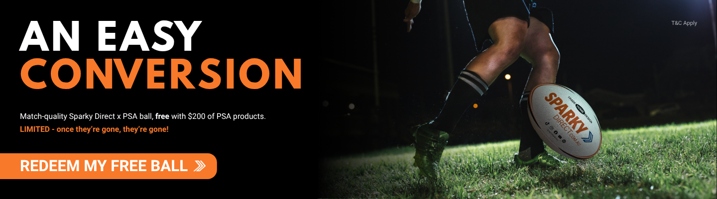 Click here for a limited offer to receive a free match-quality Sparky Direct x PSA ball with $200 of PSA products, featuring a rugby ball on a grass field and a “Redeem My Free Ball” button.