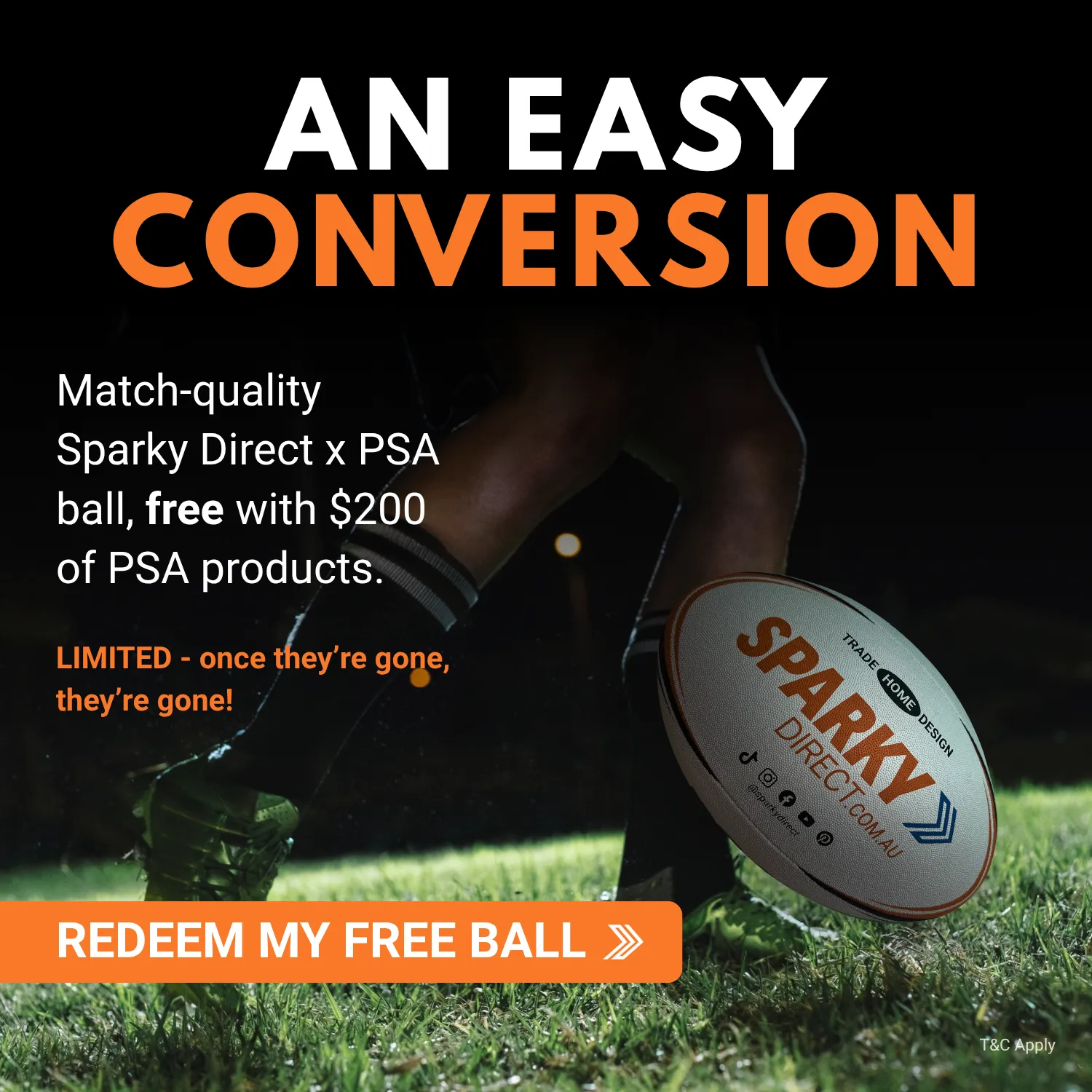 Click here for a limited offer to receive a free match-quality Sparky Direct x PSA ball with $200 of PSA products, featuring a rugby ball on a grass field and a “Redeem My Free Ball” button.