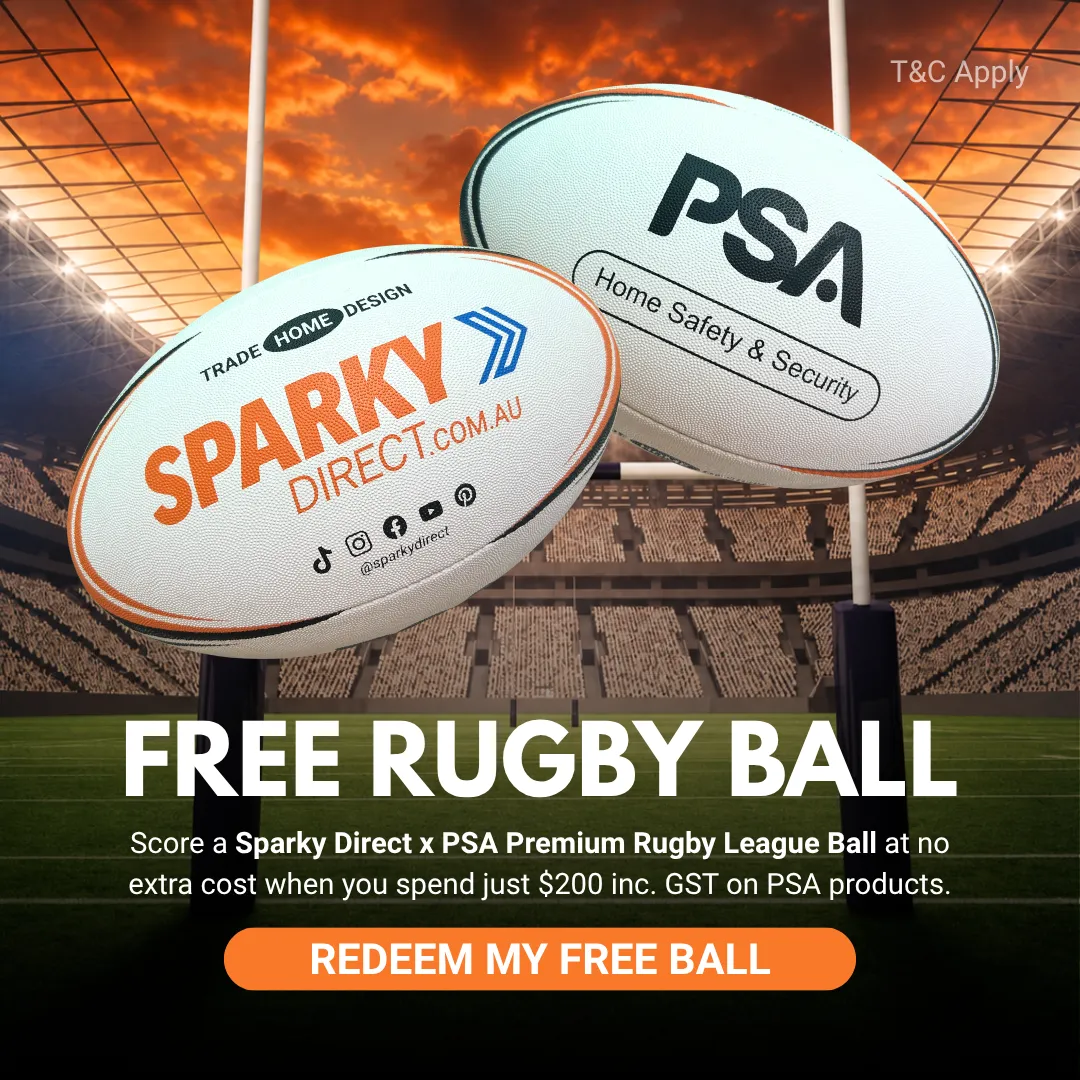 Click here for a free Sparky Direct x PSA premium rugby league ball when you spend $200 including GST on PSA products, shown with two branded rugby balls in a stadium and a “Redeem My Free Ball” button.