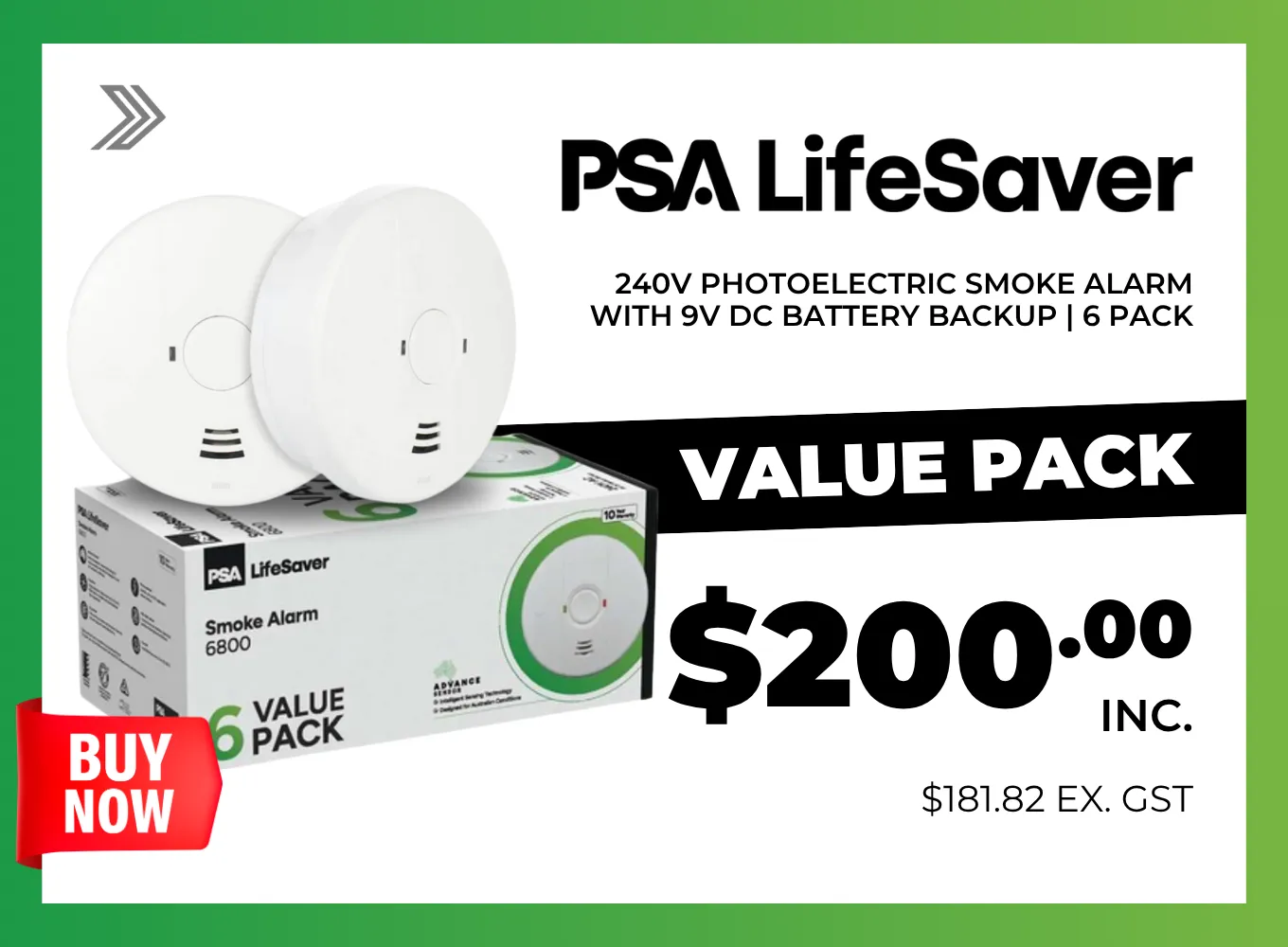 Click here for a 6-pack of PSA LifeSaver 6800 photoelectric smoke alarms with battery backup.
