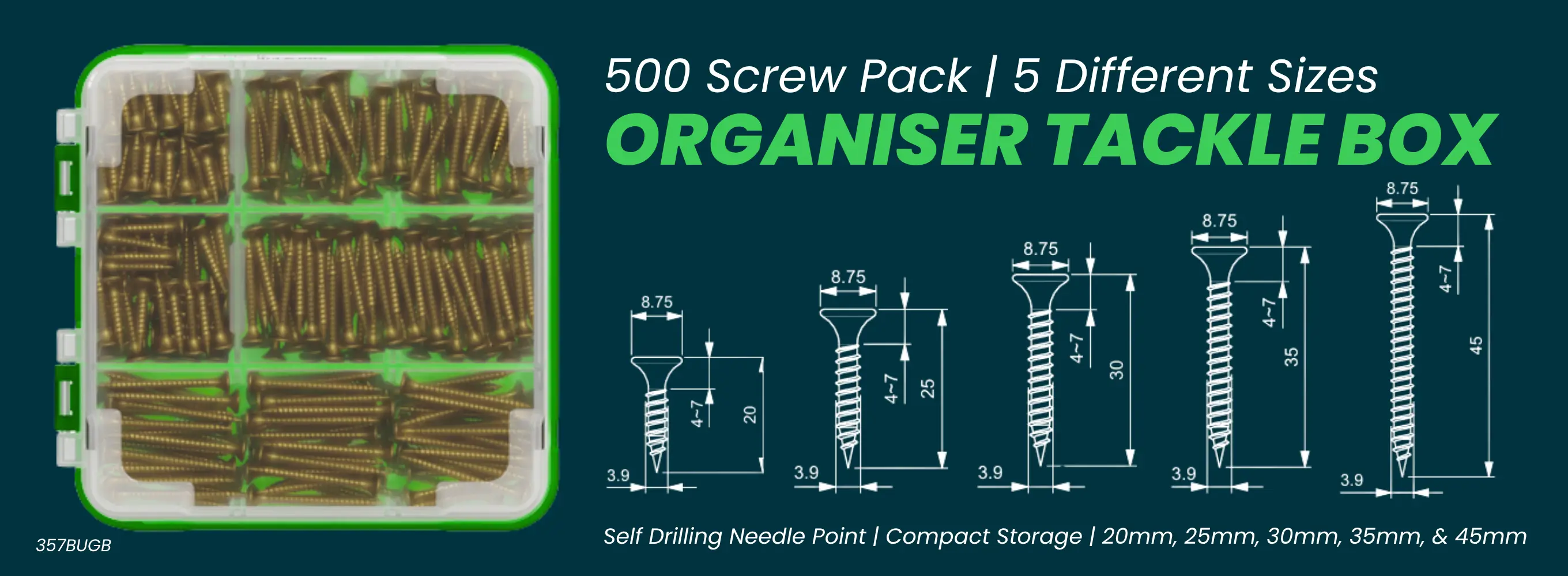 357BUGB organiser tackle box with 500 self-drilling needle point screws in 20mm, 25mm, 30mm, 35mm and 45mm sizes.