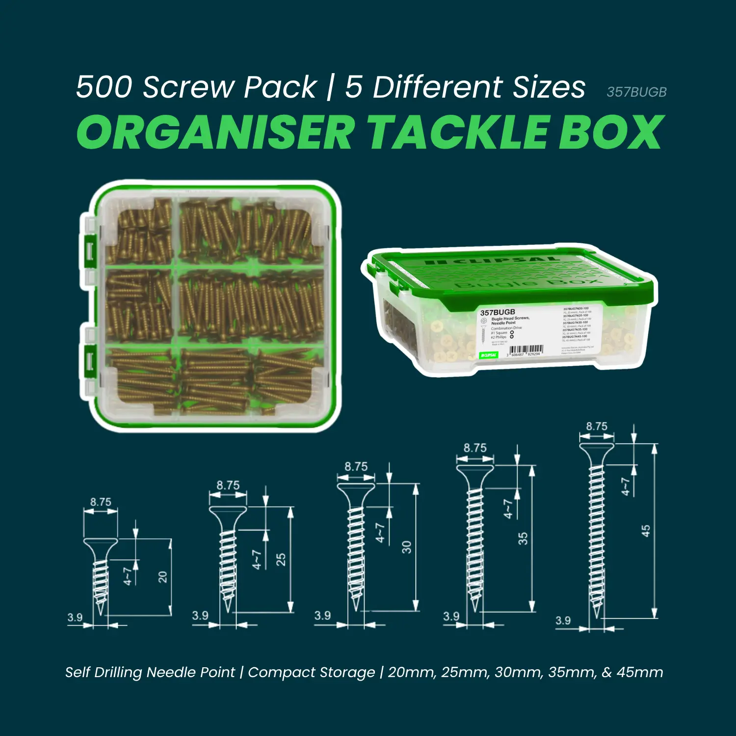 357BUGB organiser tackle box with 500 self-drilling needle point screws in 20mm, 25mm, 30mm, 35mm and 45mm sizes.
