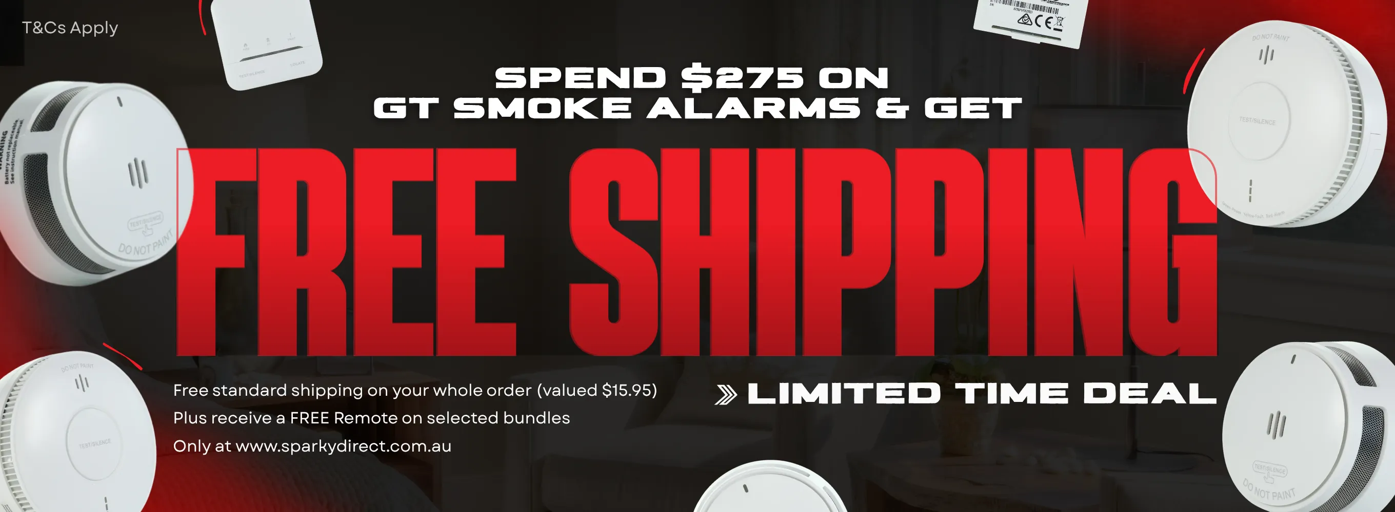 Click here for a promotional offer showing multiple GT smoke alarms, a wireless module, and a remote with free shipping on orders over $275.