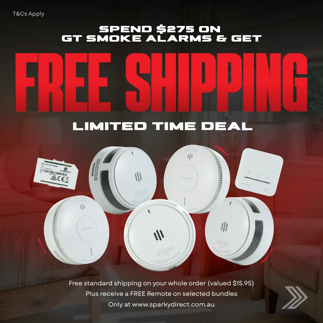 Click here for a promotional offer showing multiple GT smoke alarms, a wireless module, and a remote with free shipping on orders over $275.
