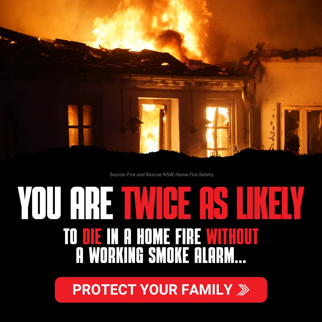 Click here for a home engulfed in flames with a warning that you are twice as likely to die in a house fire without a working smoke alarm.
