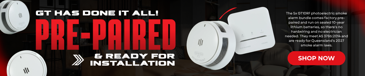 Click here for a promotional banner advertising pre-paired GT10RF photoelectric smoke alarms with 10-year lithium batteries, ready for installation, alongside a red “Shop Now” button.