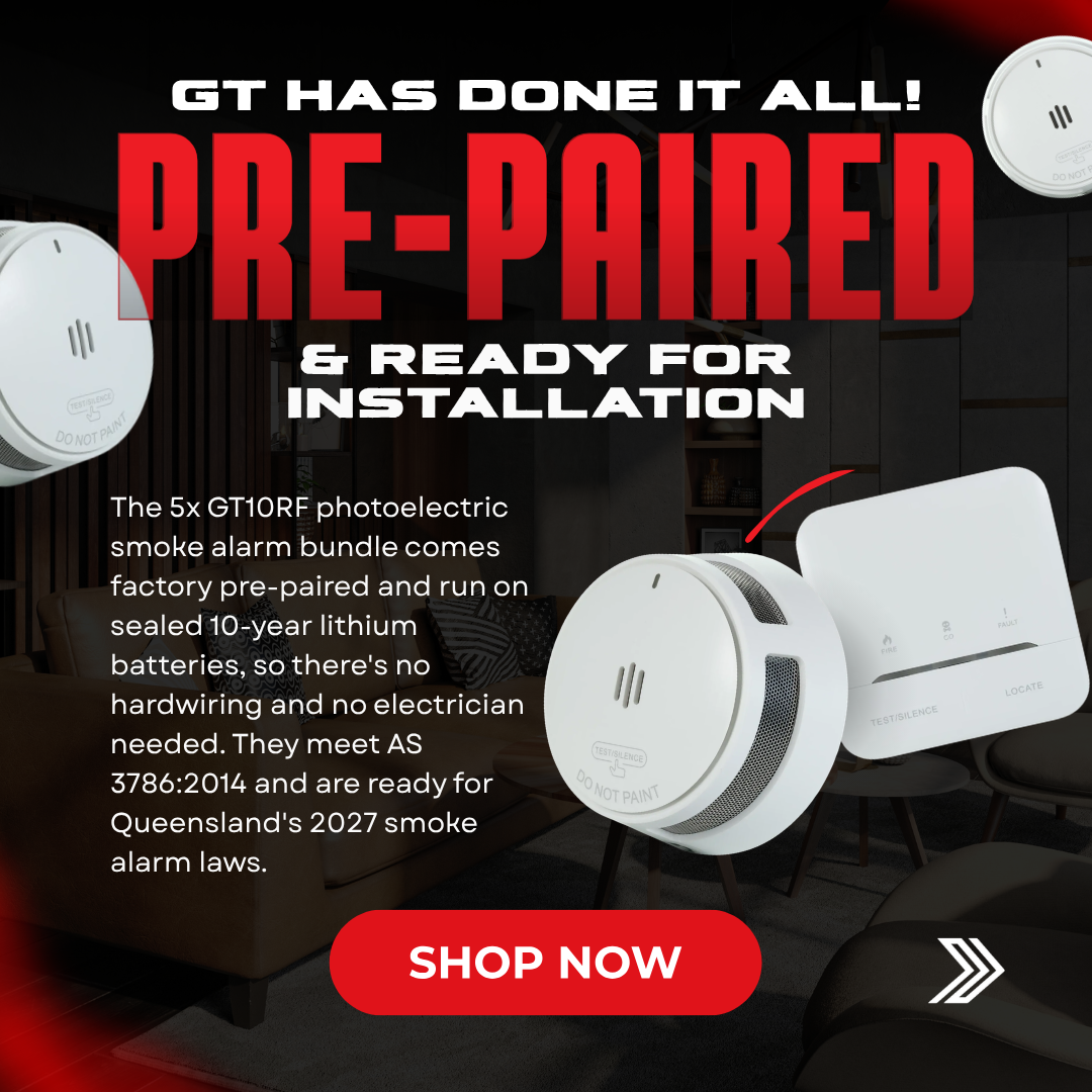 Click here for a promotional banner advertising pre-paired GT10RF photoelectric smoke alarms with 10-year lithium batteries, ready for installation, alongside a red “Shop Now” button.