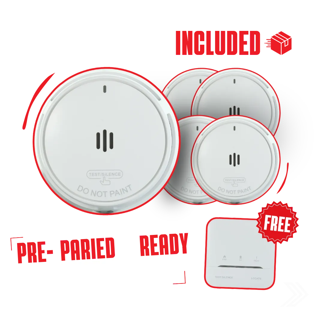 Click here for a smoke alarm bundle showing four alarms and a free remote, with free shipping included.