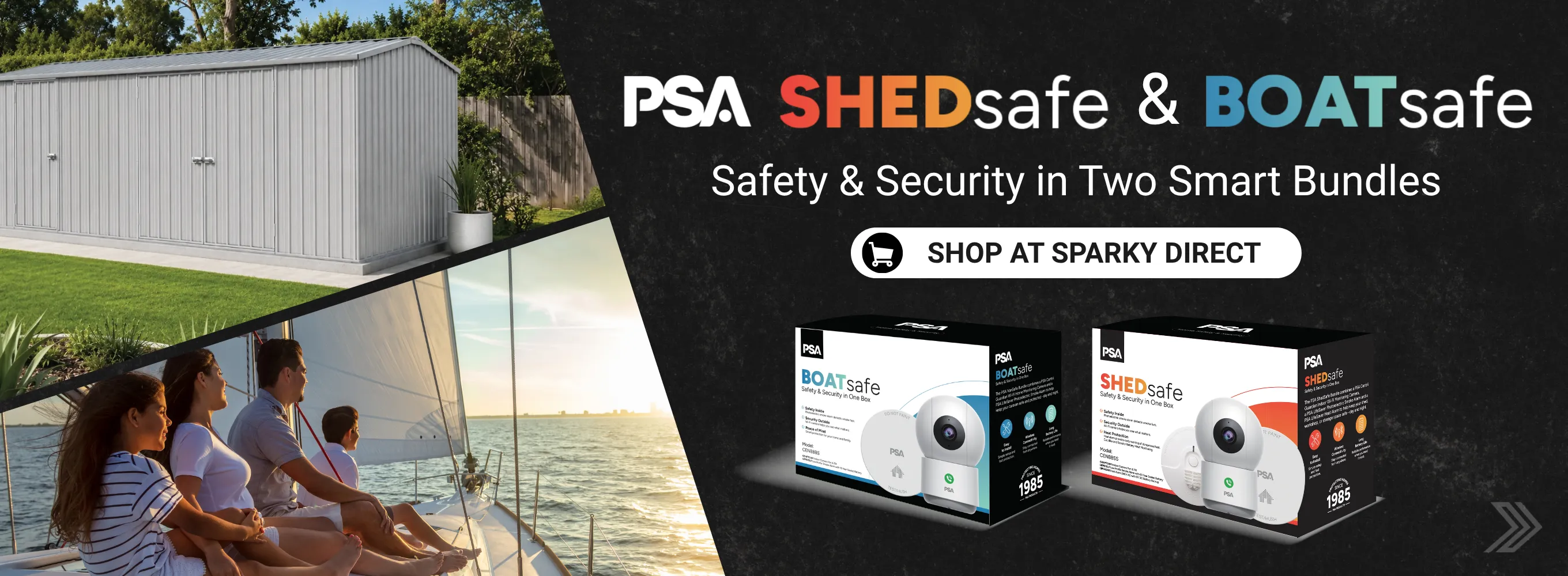 Click here for PSA SHEDsafe and BOATsafe smart safety and security bundles, shown alongside a backyard shed and a family on a boat.