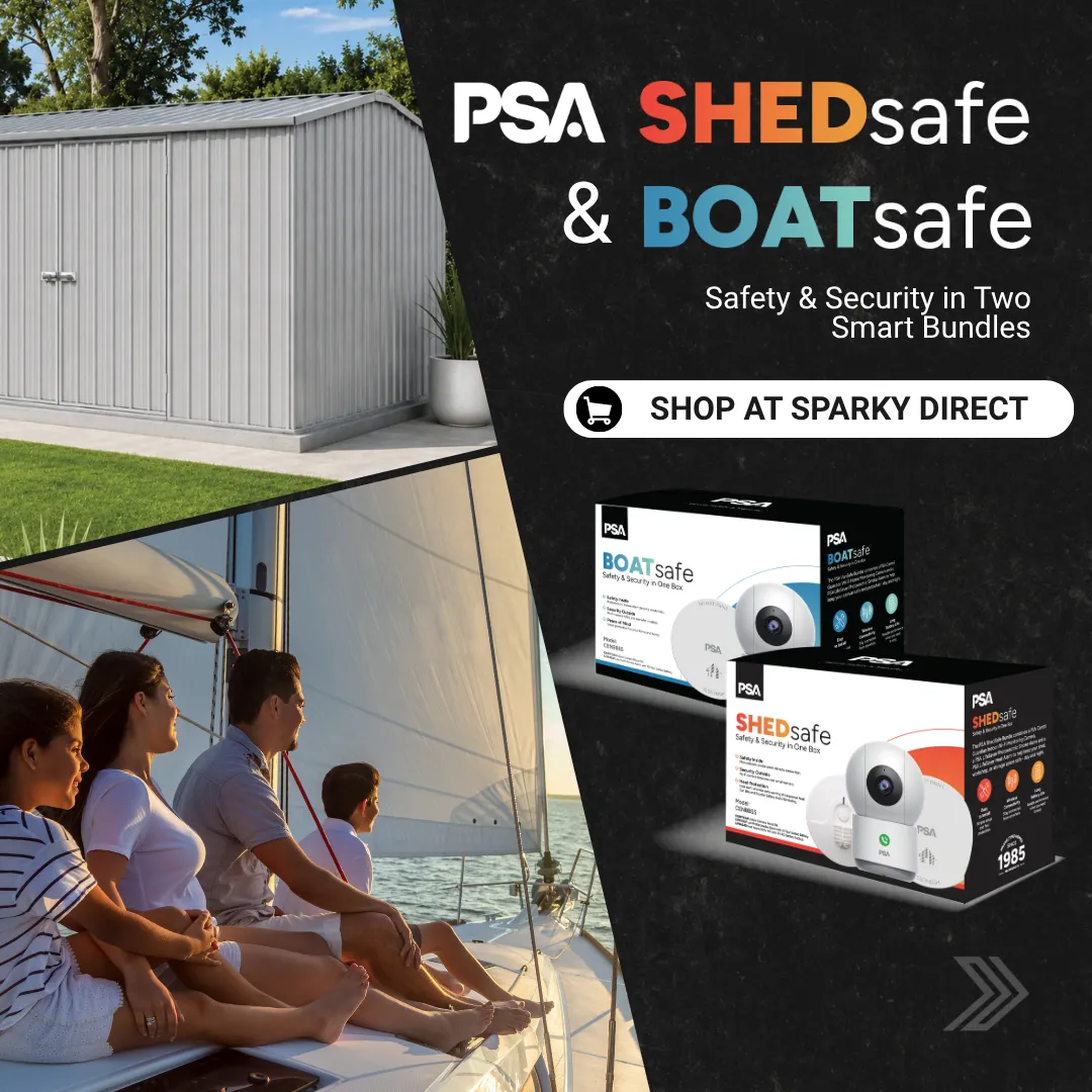 Click here for PSA SHEDsafe and BOATsafe smart safety and security bundles, shown alongside a backyard shed and a family on a boat.