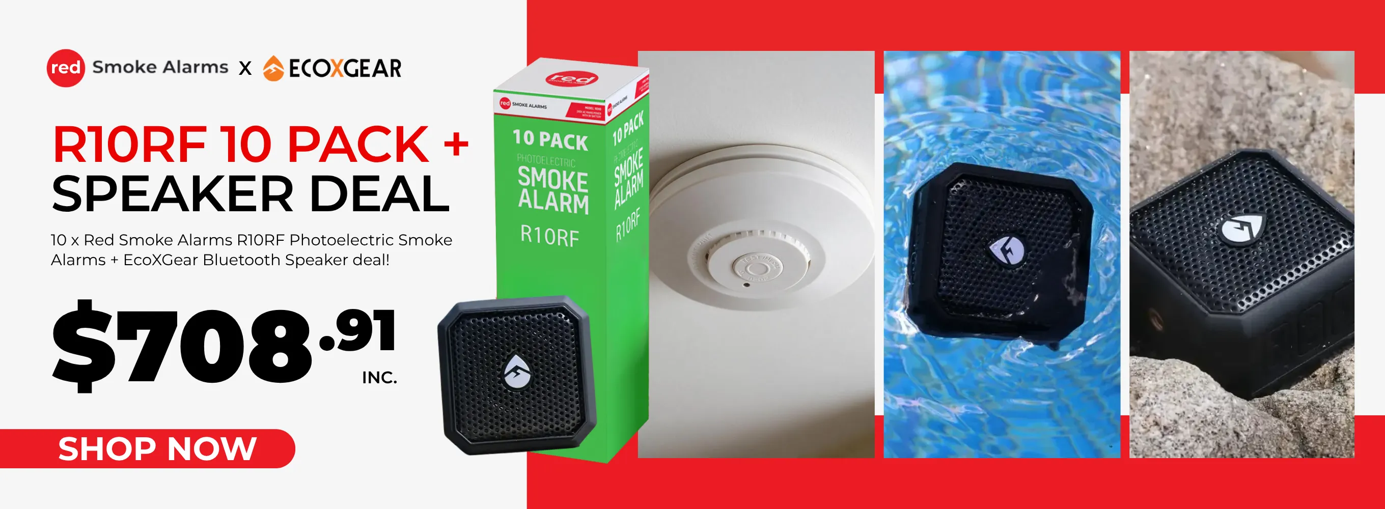 Click here for a Red Smoke Alarms and ECOXGEAR bundle featuring ten R10RF photoelectric smoke alarms and a Bluetooth speaker.