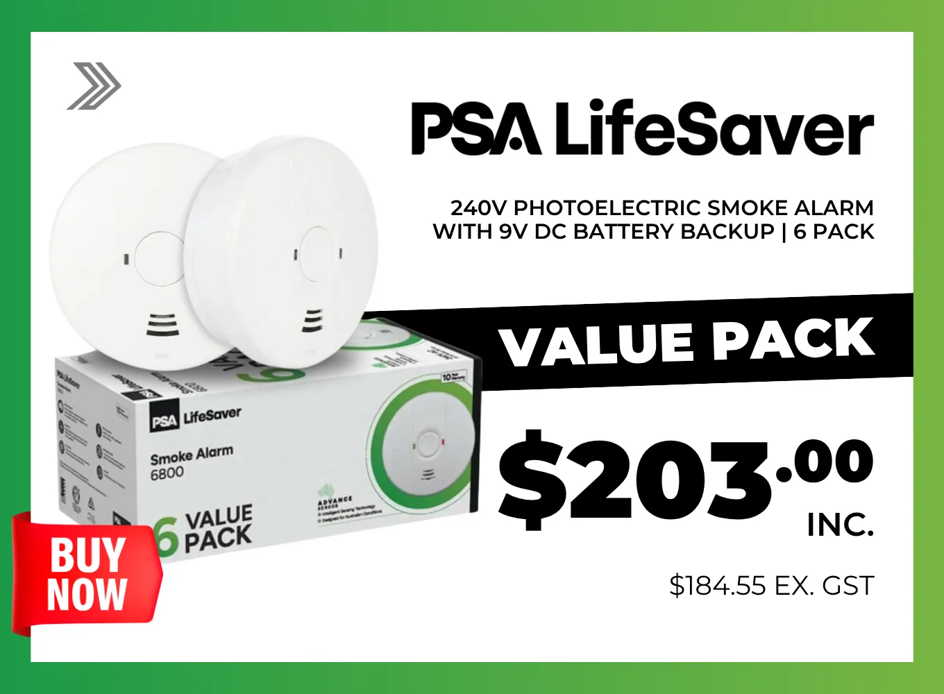Click here for a 6-pack of PSA LifeSaver 6800 photoelectric smoke alarms with battery backup.