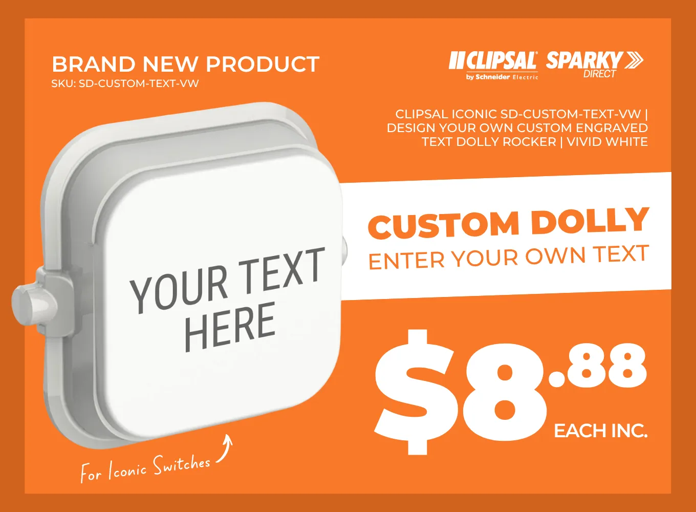 Click here for a promotional graphic of a custom engraved dolly rocker switch with editable text.
