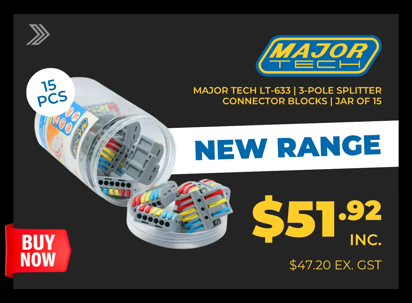 Click here for a jar of 15 Major Tech LT-633 3-pole splitter connector blocks priced at $51.15.