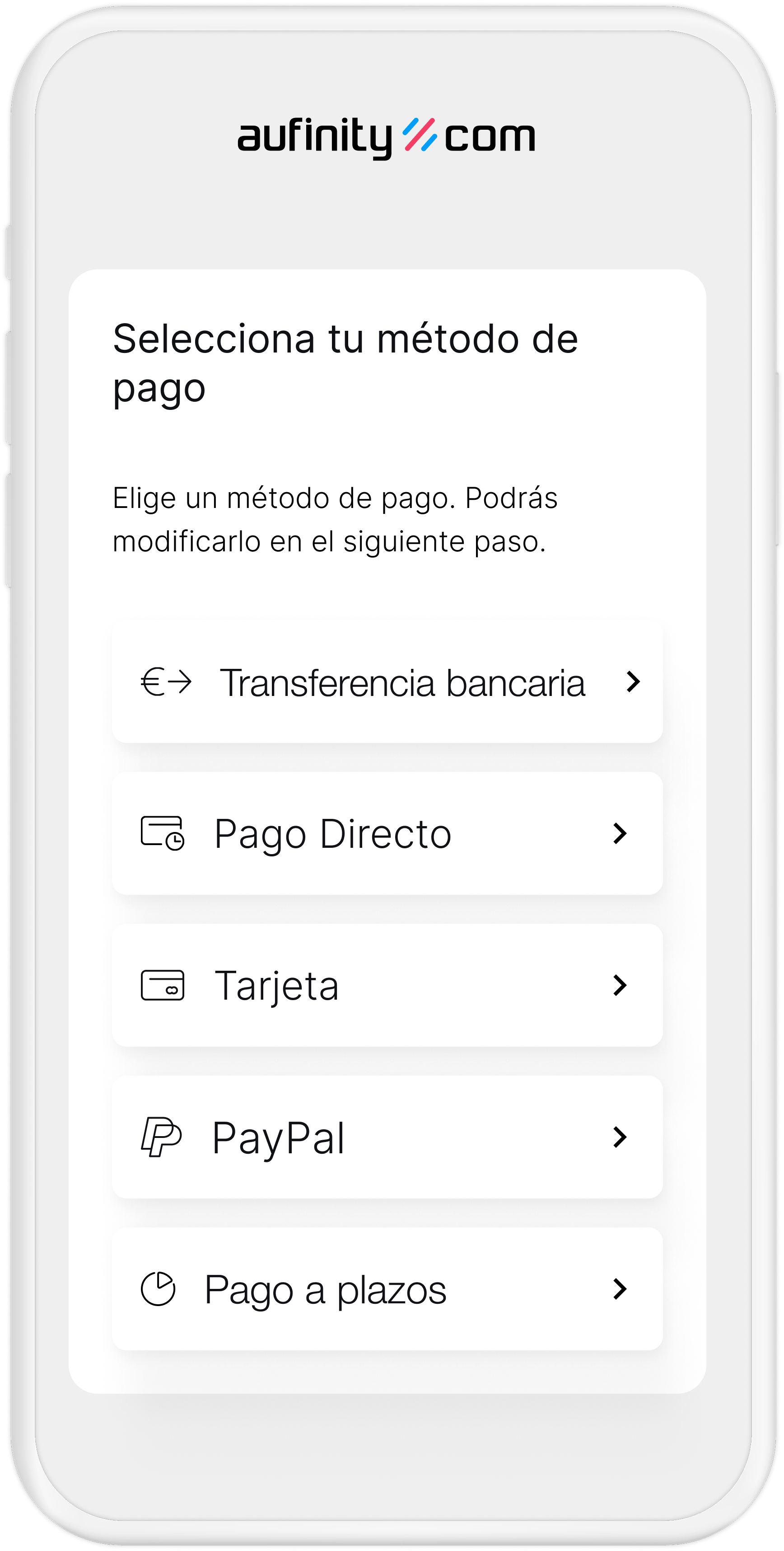 Screenshot der möglichen Zahlungsmethoden auf einem Smartphone-Bildschirm: Überweisung, Direktbezahlen, Kreditkarte, PayPal und Ratenzahlung.