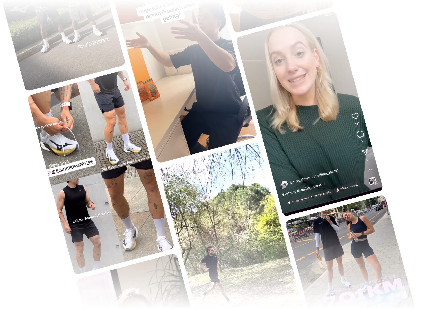 Collage mit Fotos und Screenshots von Influencern, die Sport treiben, Produkte präsentieren und Videos machen, darunter Laufaufnahmen, Close-ups von Sportschuhen und Menschen, die in verschiedenen Umgebungen sprechen oder posieren.