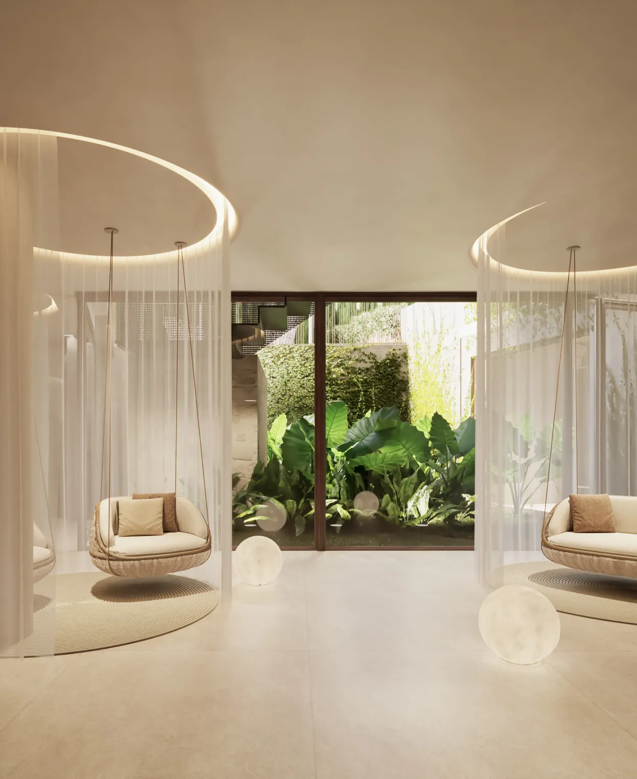 a room with white chairs and white curtains
