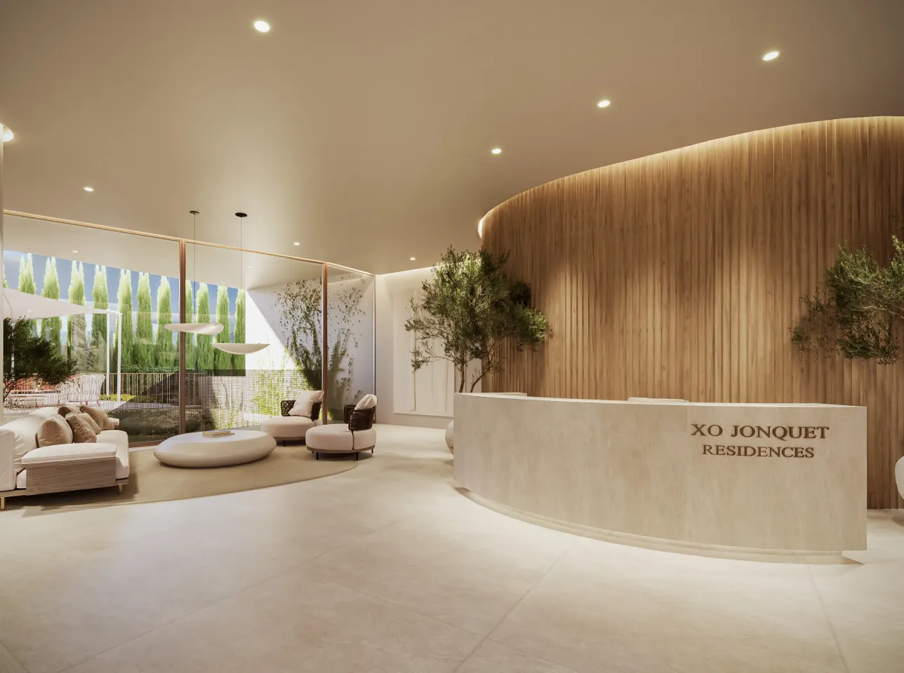 a lobby with a reception desk and chairs