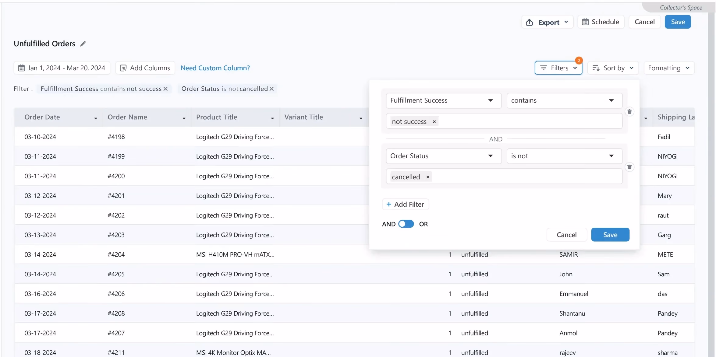 Report Pundit - Unfulfilled Orders Customization 