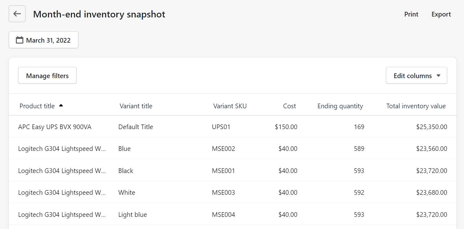 Month end inventory snapshot report