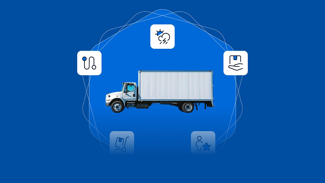 Delivery truck surrounded by routing icons, illustrating smart routing and delivery optimization.