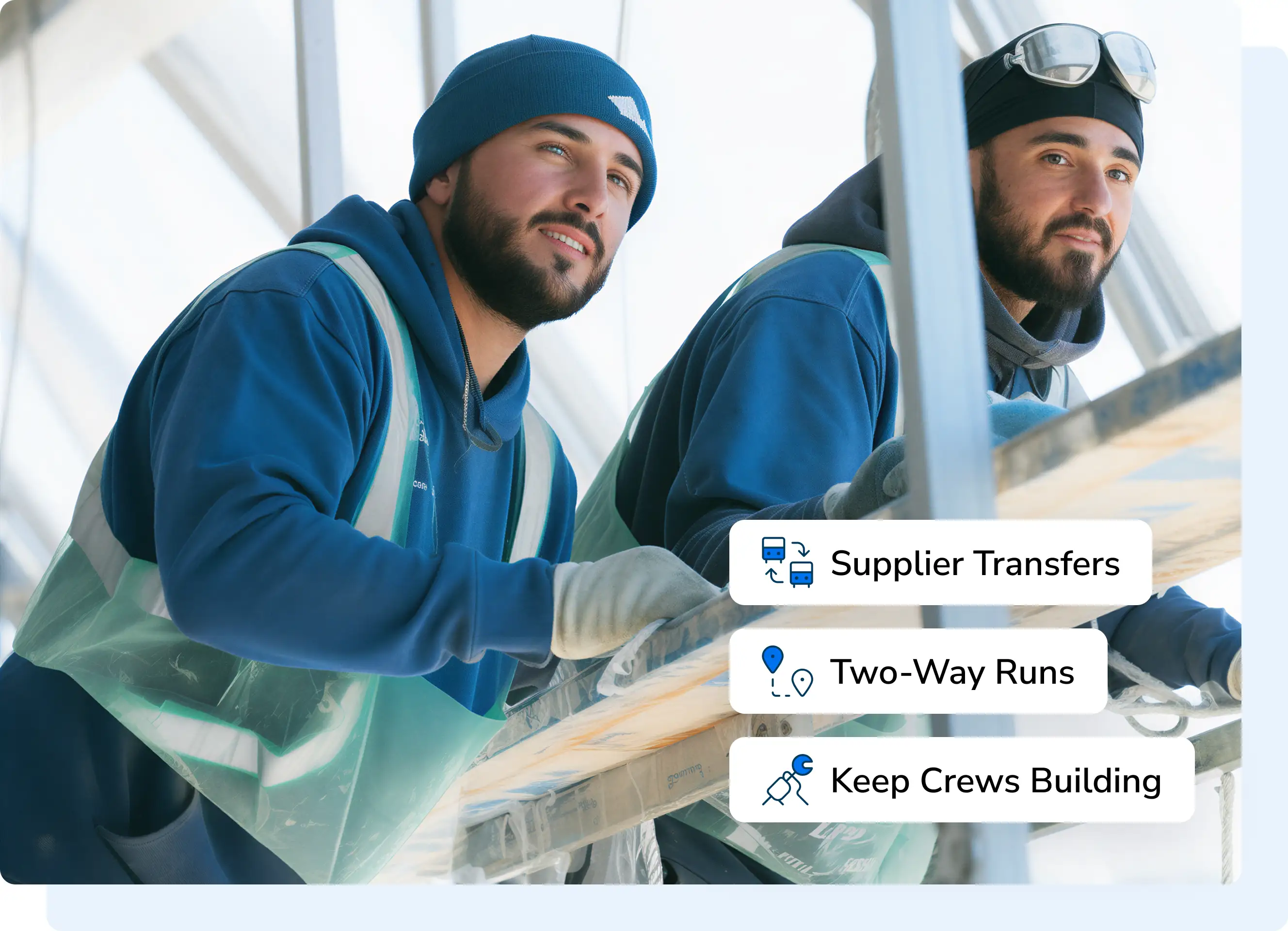 Construction worker receiving delivered building materials at a site.