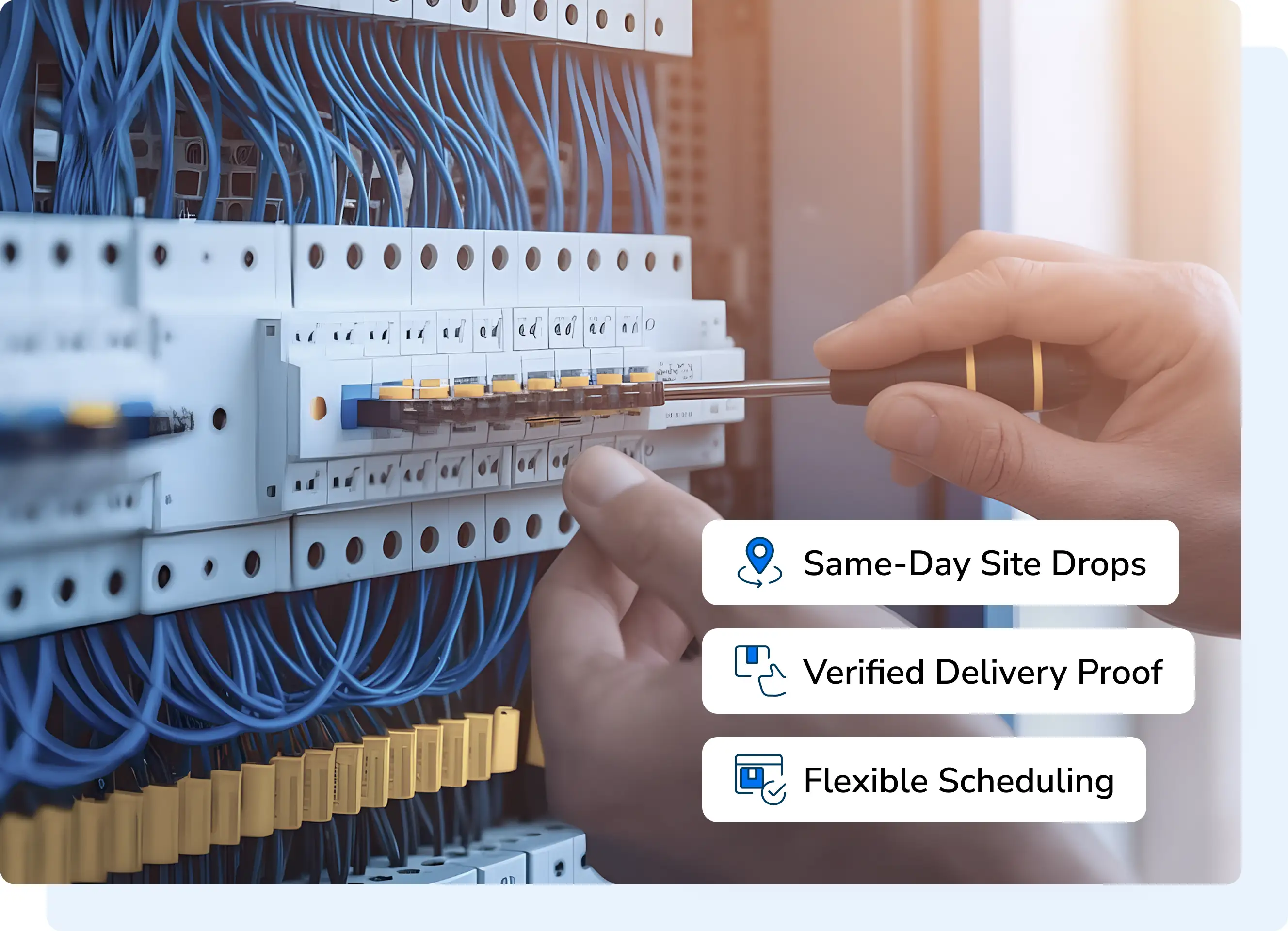 Electrical contractor reviewing supplies in a workshop with delivery-ready materials.