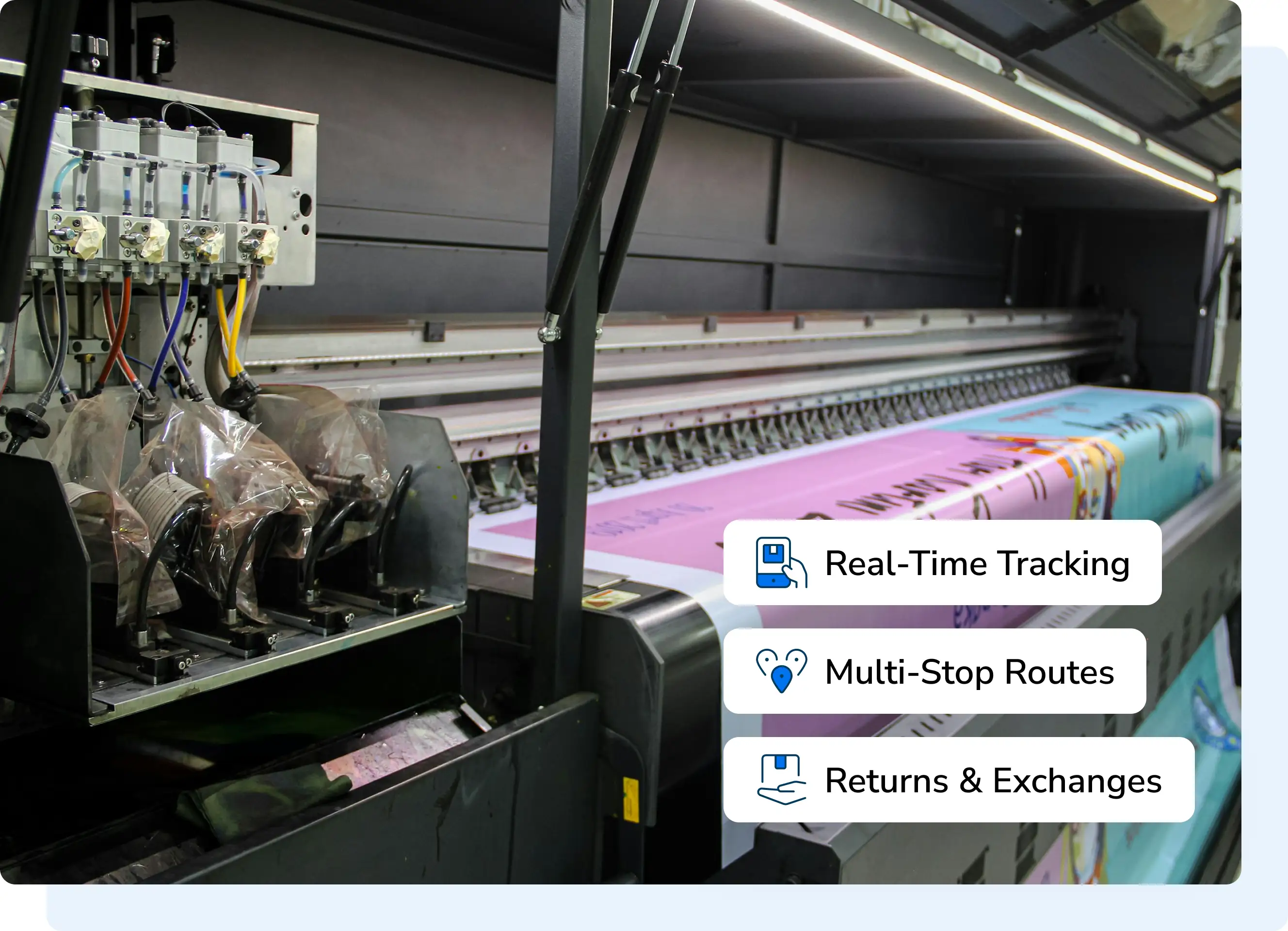 Print delivery at a print shop showing printed materials being received.