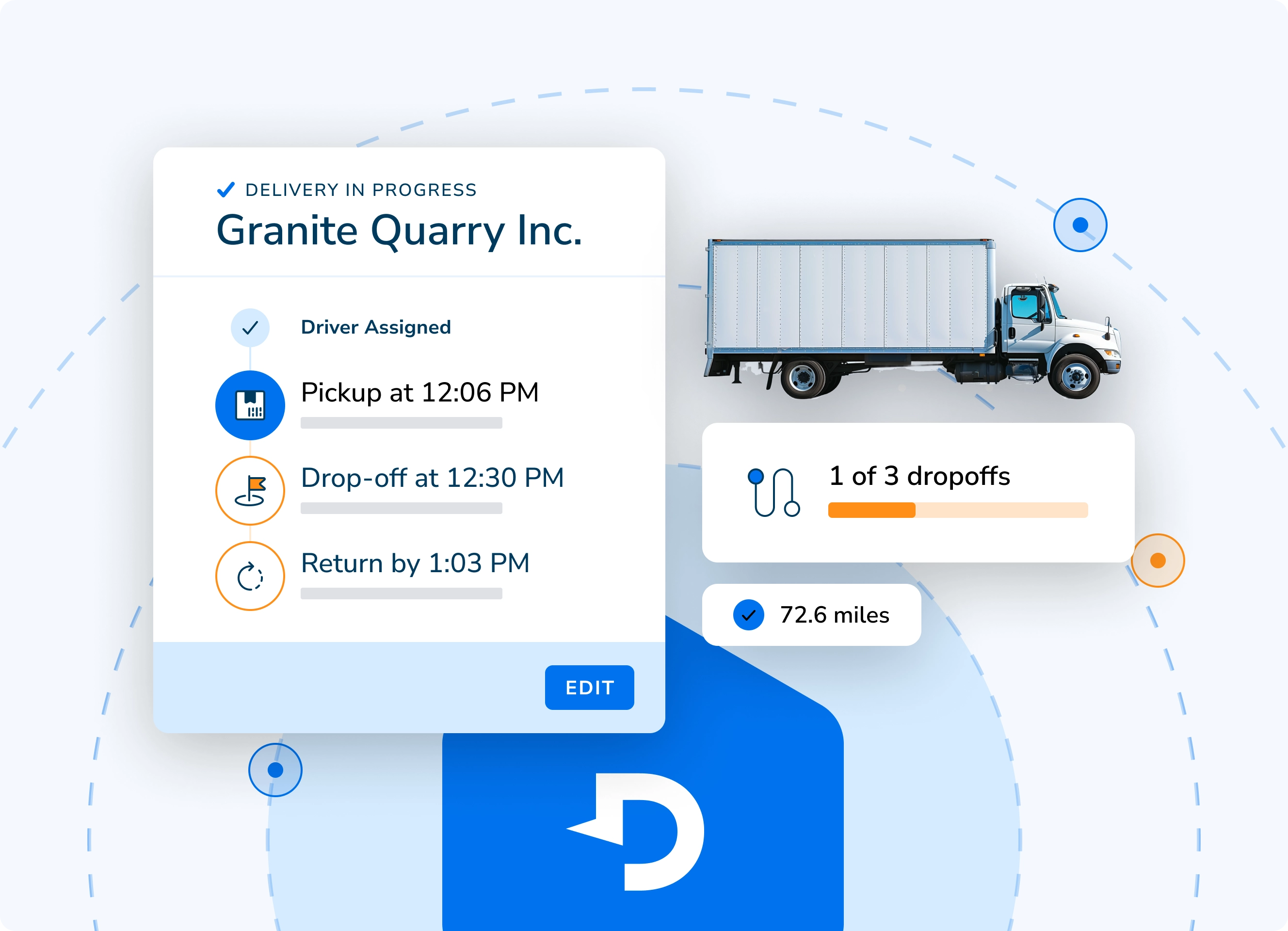 Illustration showing the Dispatch platform connecting to multiple partner systems, representing integrated delivery intelligence.