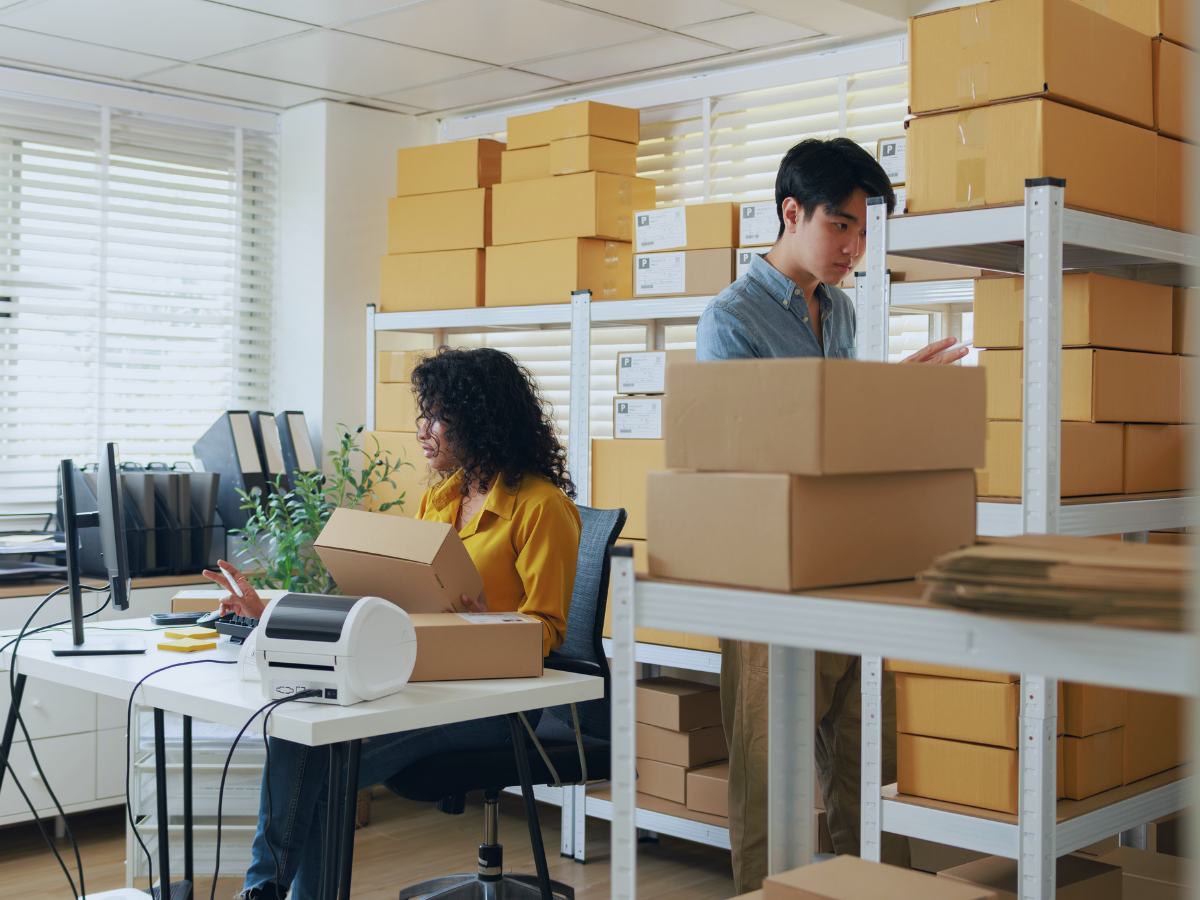 Two small business owners packing and labelling orders at a desk beside stocked shelving.