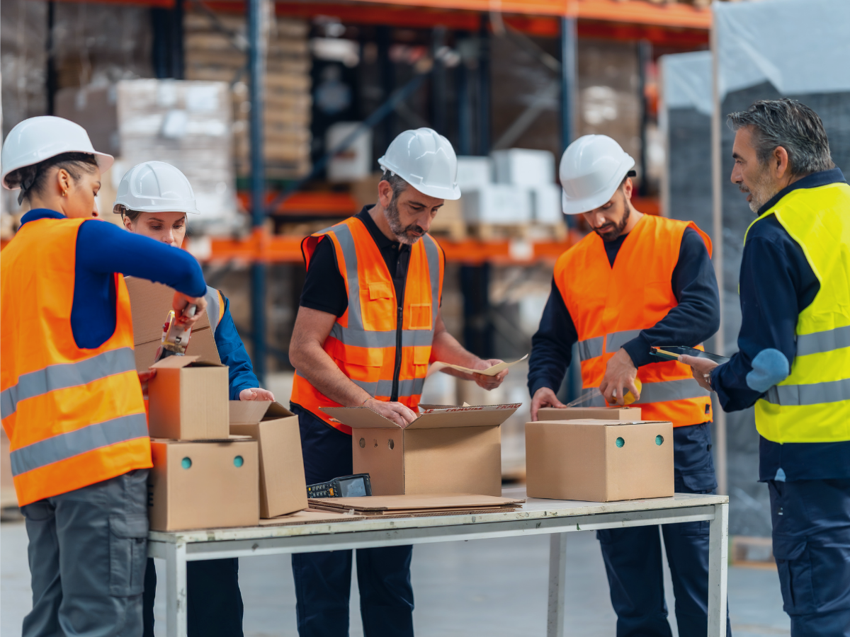 A warehouse team in high-visibility vests packing and scanning orders at a staging table.