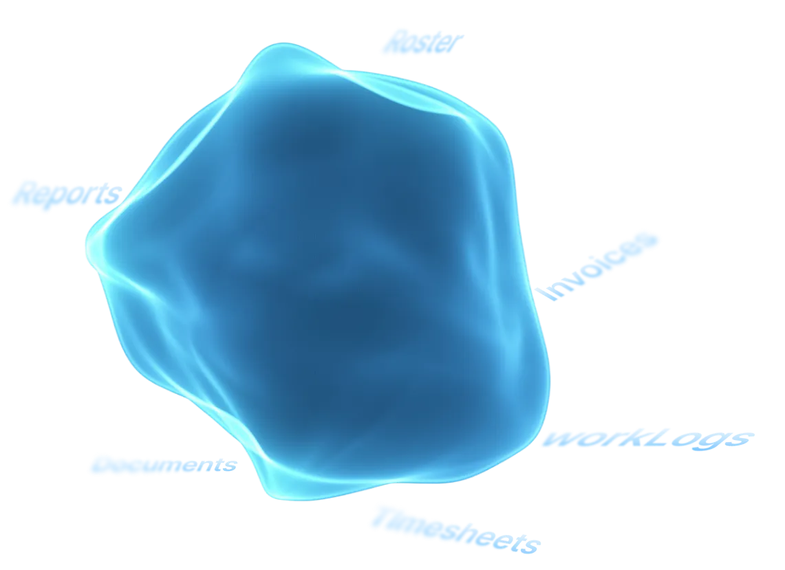 Glowing 3D orb surrounded by KORY feature labels: Roster, Invoices, WorkLogs, Timesheets, Documents, and Reports