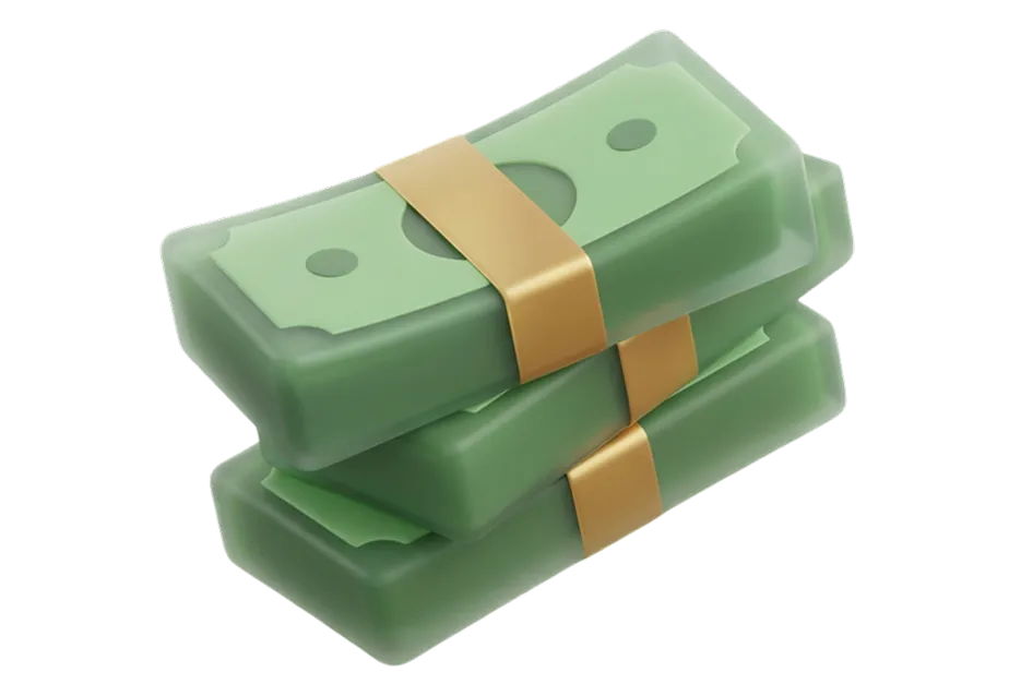 A 3D digital illustration of three thick stacks of green cash bundled together with gold bands, set against a transparent black background to represent fast funding and liquidity.