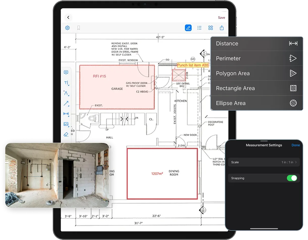 A tablet mockup showing a digital blueprint with red annotations, paired with a small floating window of a field photo and a mobile device showing a dark-mode interface.
