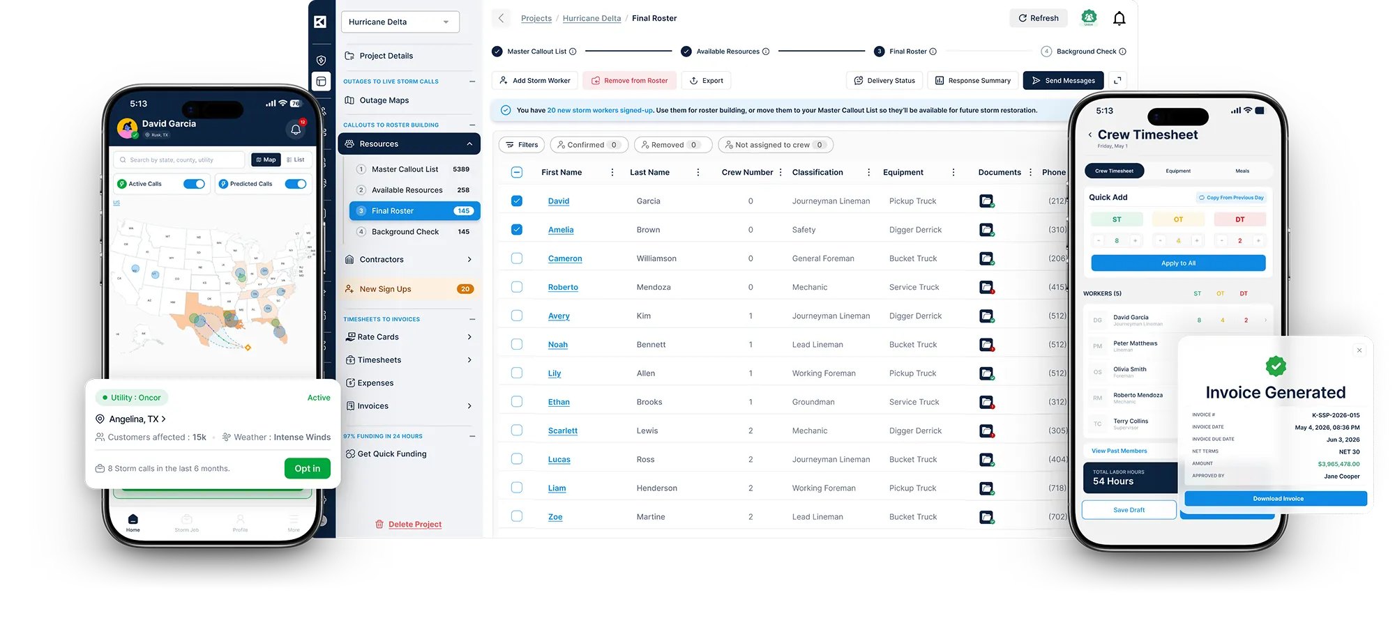 KYRO AI on mobile and desktop, showing a crew location map, a storm response roster and a crew timesheet with a generated invoice