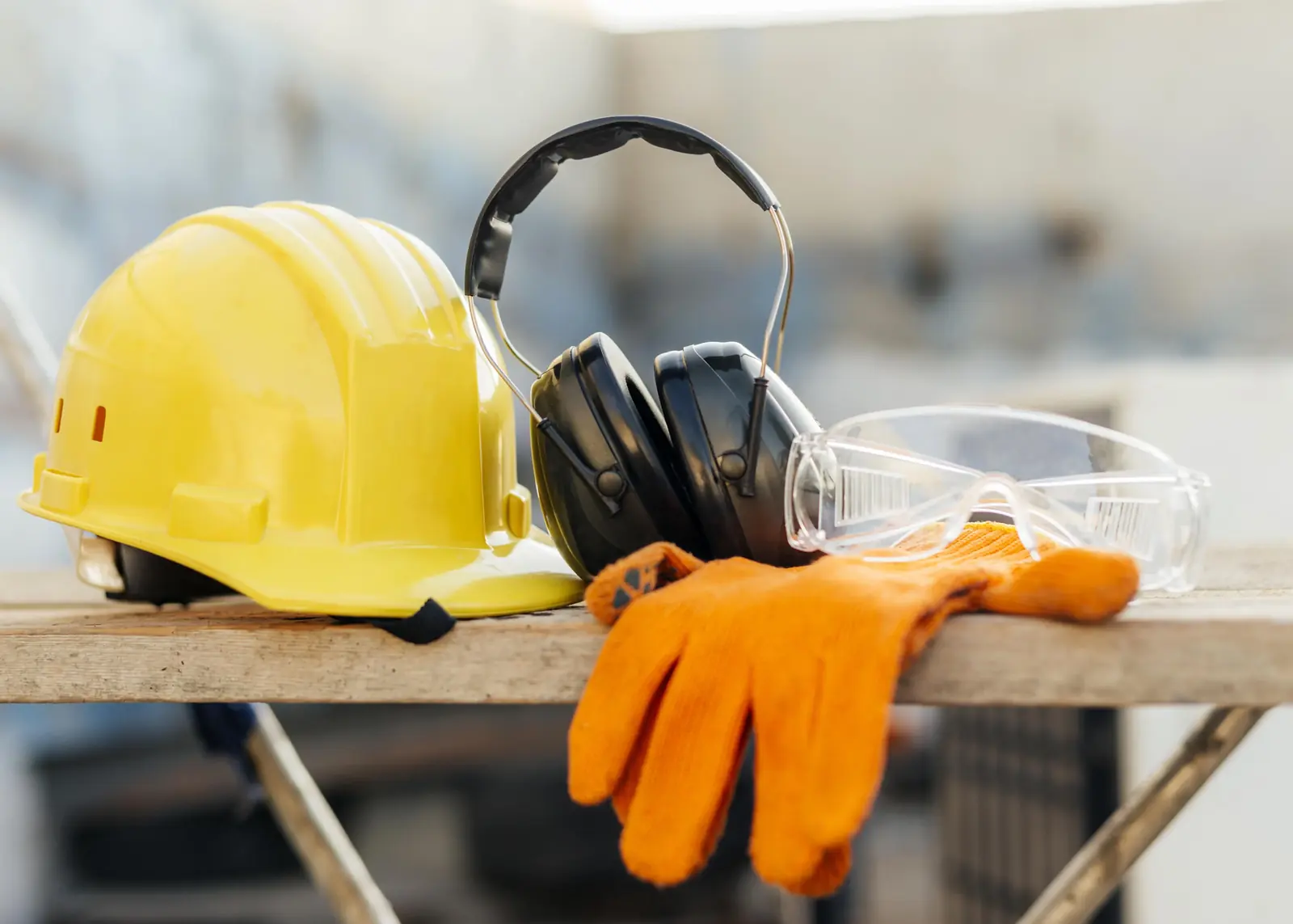 A yellow construction hard hat, clear safety goggles, and bright orange protective gloves resting on a wooden surface, representing workplace safety gear.