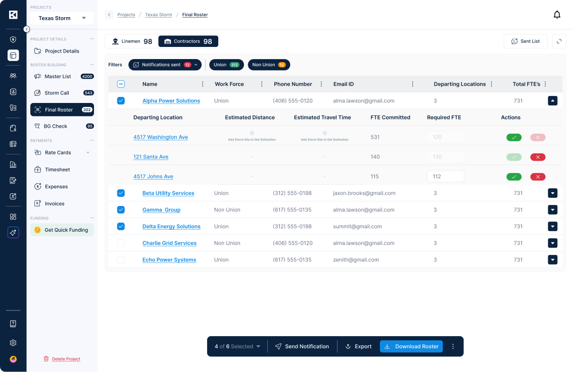 A screenshot showing the Download button as it appears in the Contractor's view of a Sub's uploaded roster.