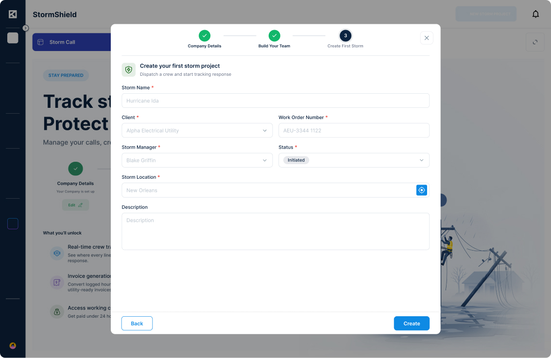 A user interface showing the final step of the KYRO AI StormShield setup, where users input project details like storm name, client, and location to initiate their first response.