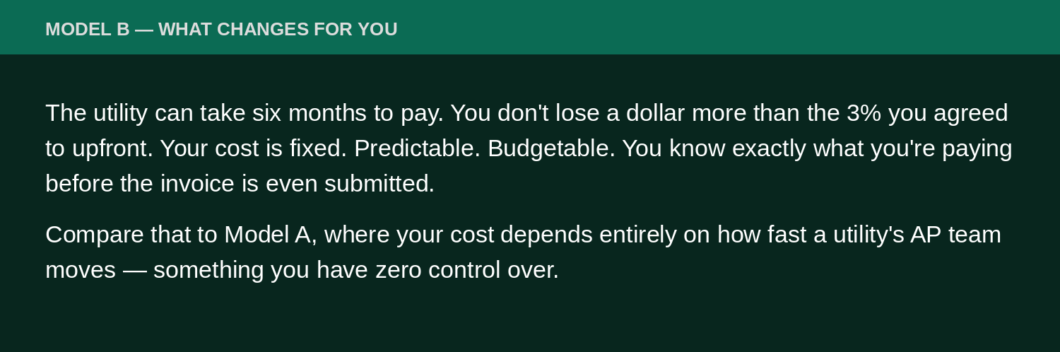Information panel titled "Model B — What Changes For You" explaining that regardless of how long the utility takes to pay, the contractor's cost remains fixed at 3% upfront — unlike Model A where cost depends entirely on the utility's payment speed.