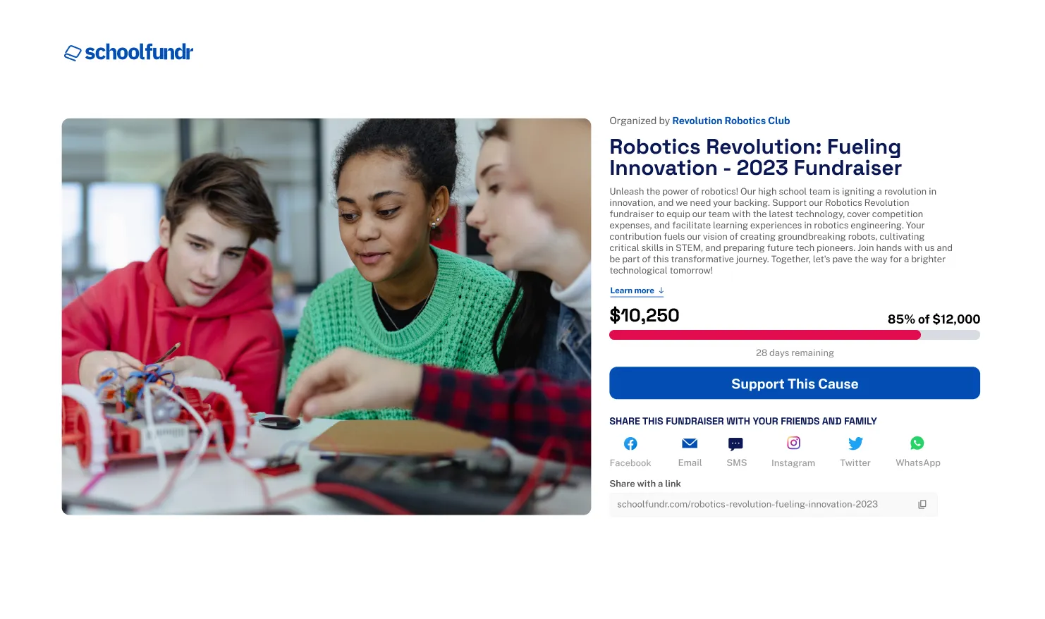 Schoolfundr dashboard with robotics project image.