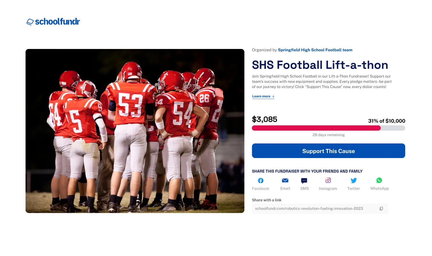 Schoolfundr dashboard with team image.
