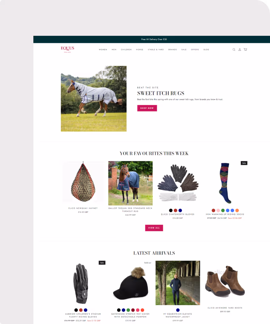 A promotional graphic for Mirror Maison. The main part depicts a webpage showcasing a large, black arch mirror on sale for £89.00. Smaller elements include social media icons, a tagline "It's Back," and a statistic indicating a 45% click-through rate increase, highlighting our enterprise commerce success.