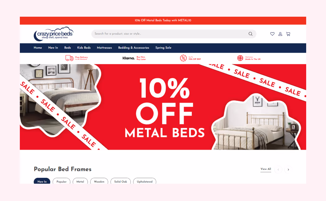 A promotional graphic for Mirror Maison. The main part depicts a webpage showcasing a large, black arch mirror on sale for £89.00. Smaller elements include social media icons, a tagline "It's Back," and a statistic indicating a 45% click-through rate increase, highlighting our enterprise commerce success.