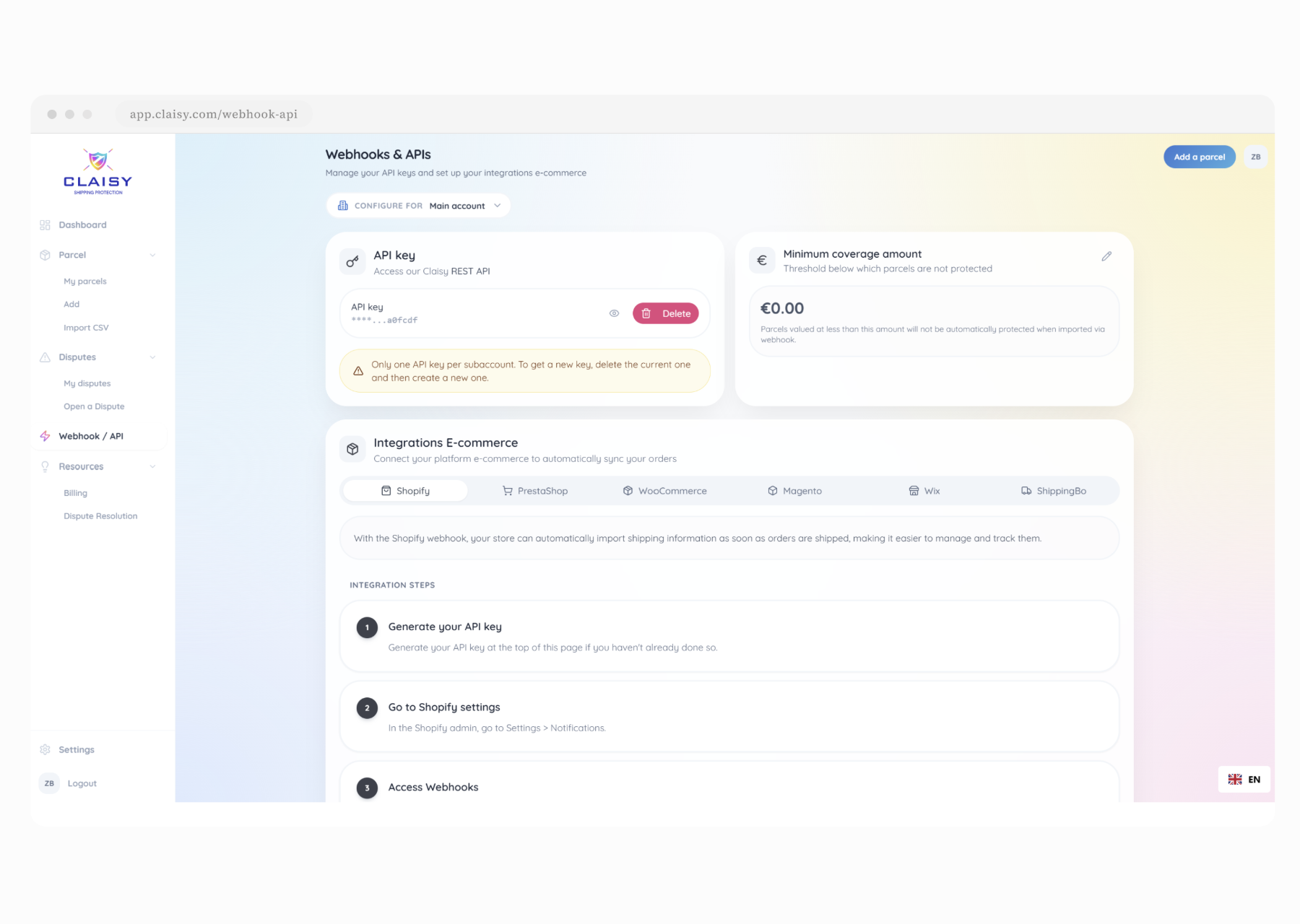 Capture d'écran de l'interface Webhooks & APIs de Claisy montrant la gestion de la clé API et des intégrations e-commerce avec des options comme Shopify, PrestaShop, WooCommerce, Magento, Wix et ShippingBo, et les étapes pour générer une clé API, accéder aux paramètres Shopify et aux webhooks.
