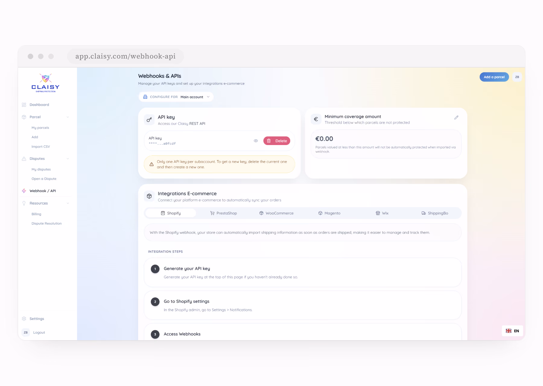 Interface de la page Webhooks & APIs de Claisy affichant la gestion des clés API, le montant minimum de couverture et les intégrations e-commerce telles que Shopify, PrestaShop, WooCommerce, Magento, Wix et Shippingbo avec instructions pour générer une clé API, accéder aux paramètres Shopify et utiliser les webhooks.