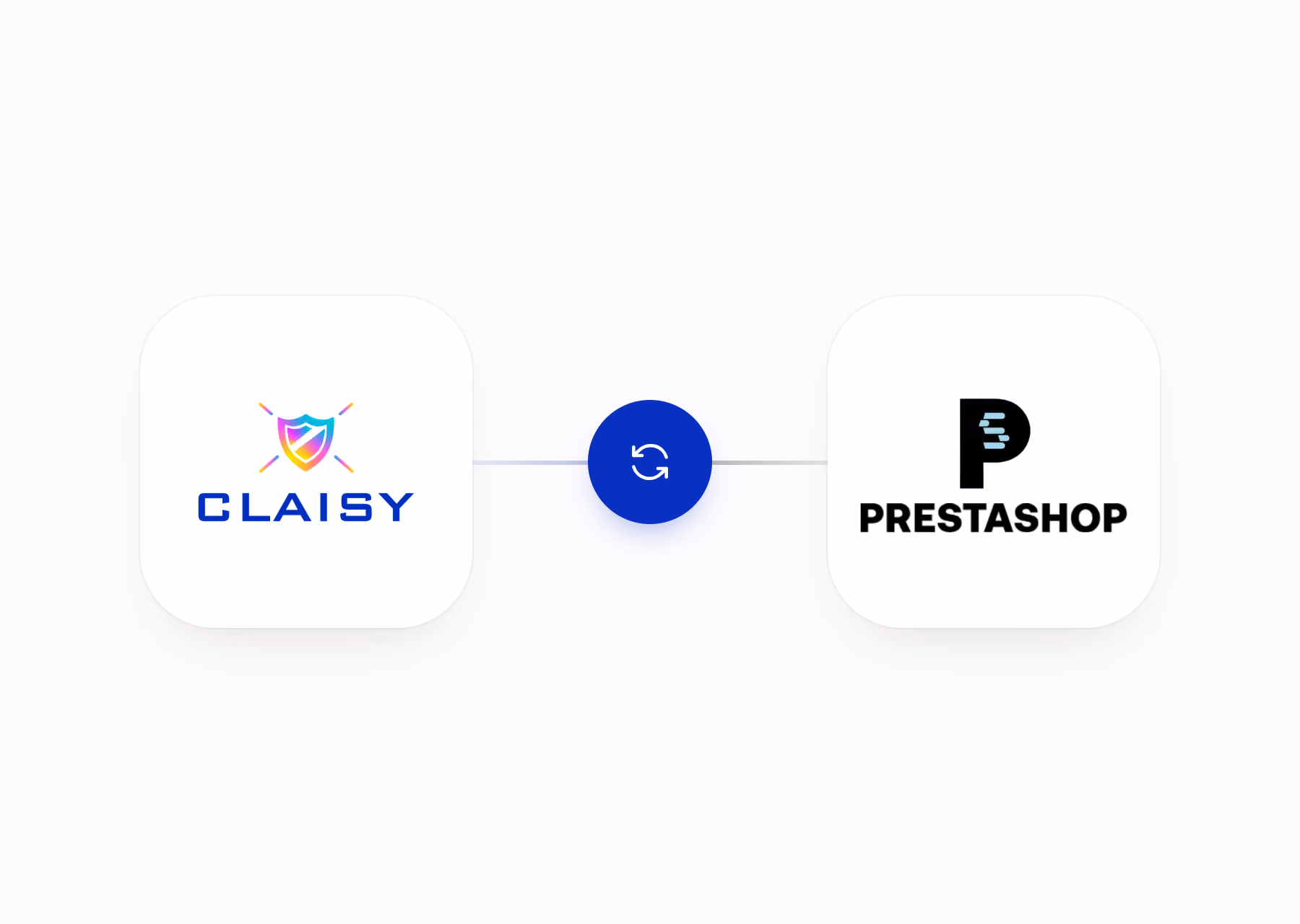 Logos de Claisy et PrestaShop connectés par une icône de synchronisation circulaire bleue.