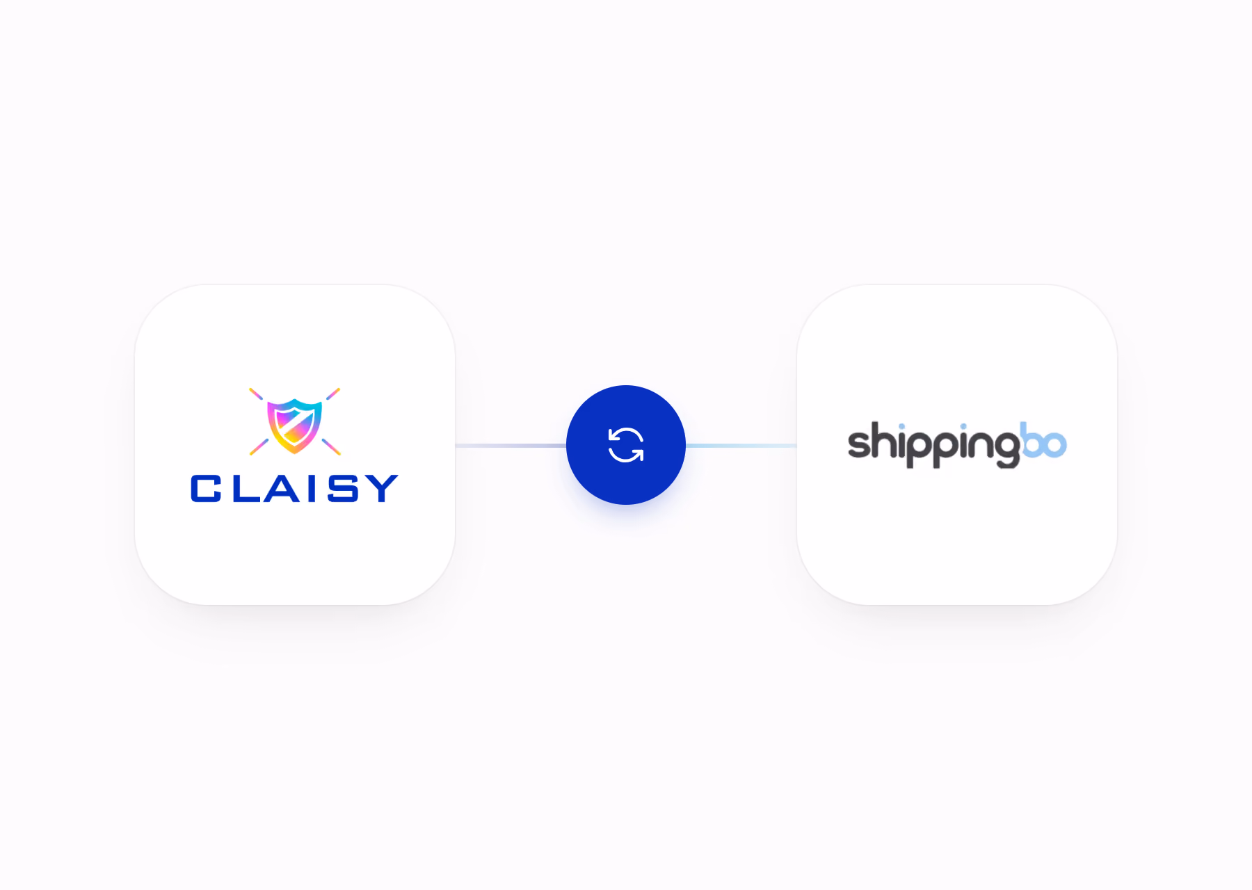 Diagramme montrant une intégration entre Claisy et Shippingbo avec leurs logos reliés par une ligne et une icône de synchronisation au centre.