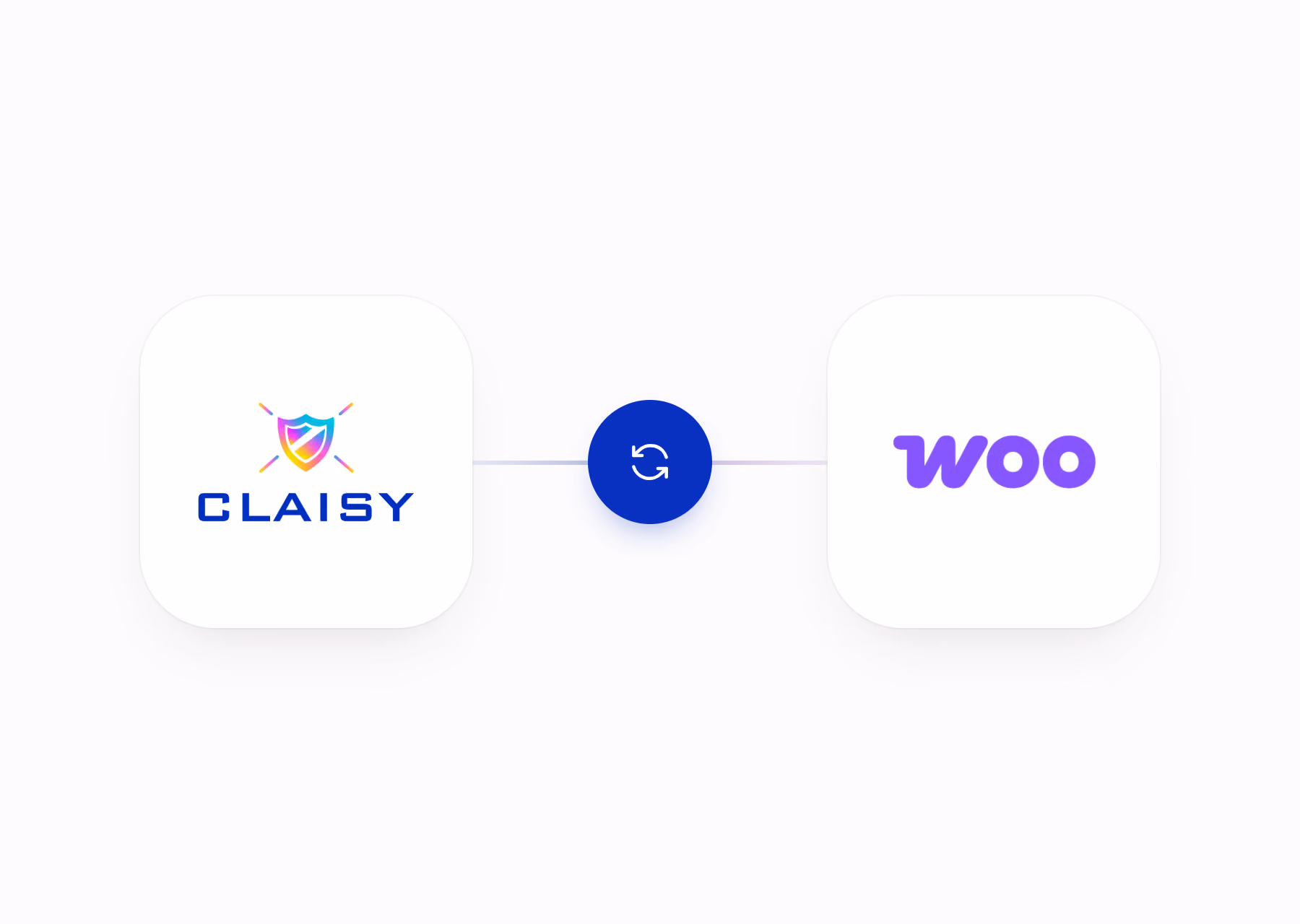 Icônes des logos Claisy et Woo connectés par une flèche circulaire bleue indiquant une synchronisation.